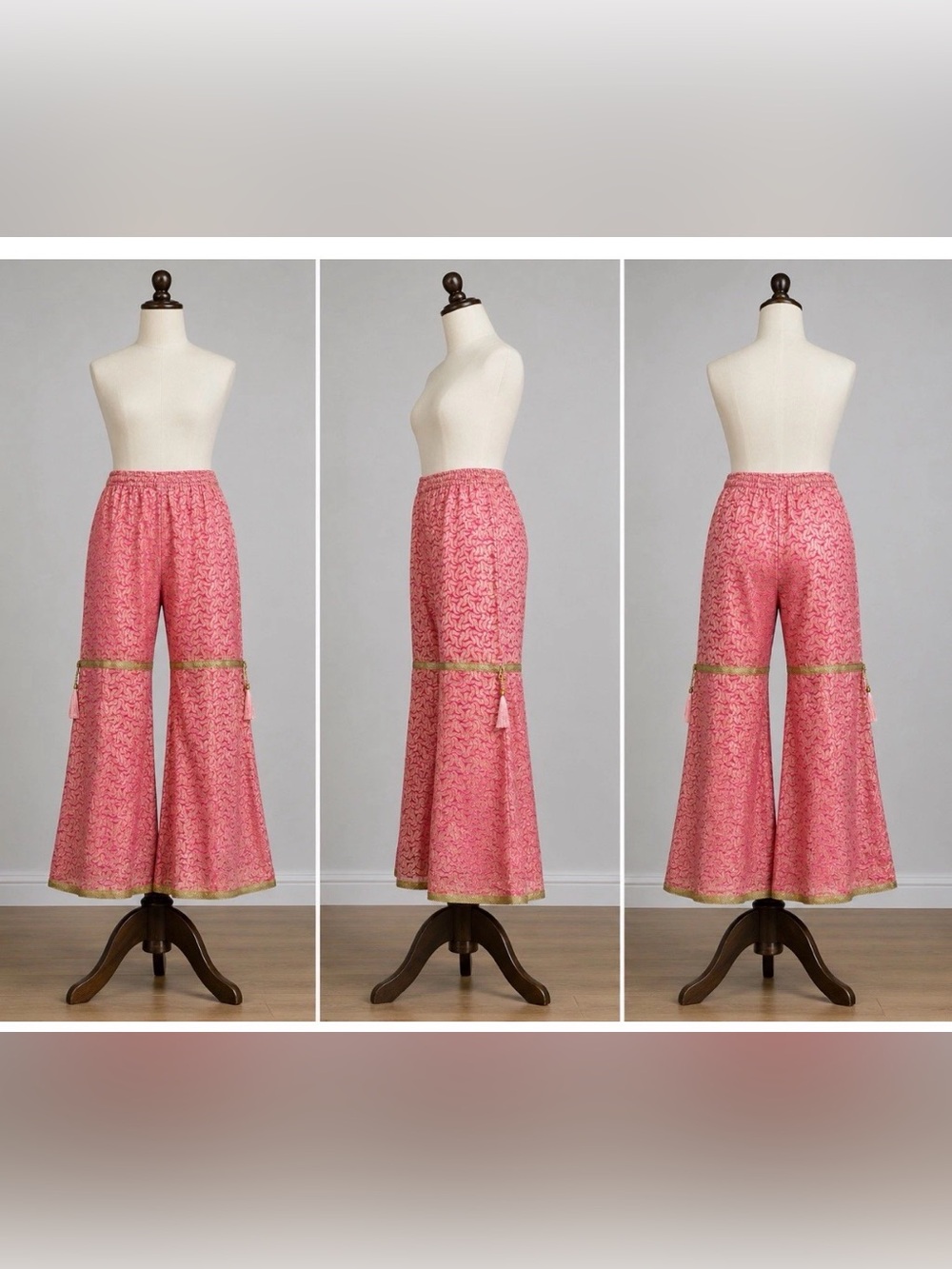 Pink Printed Maxi Skirt with Gold Trim and Tassel Detail